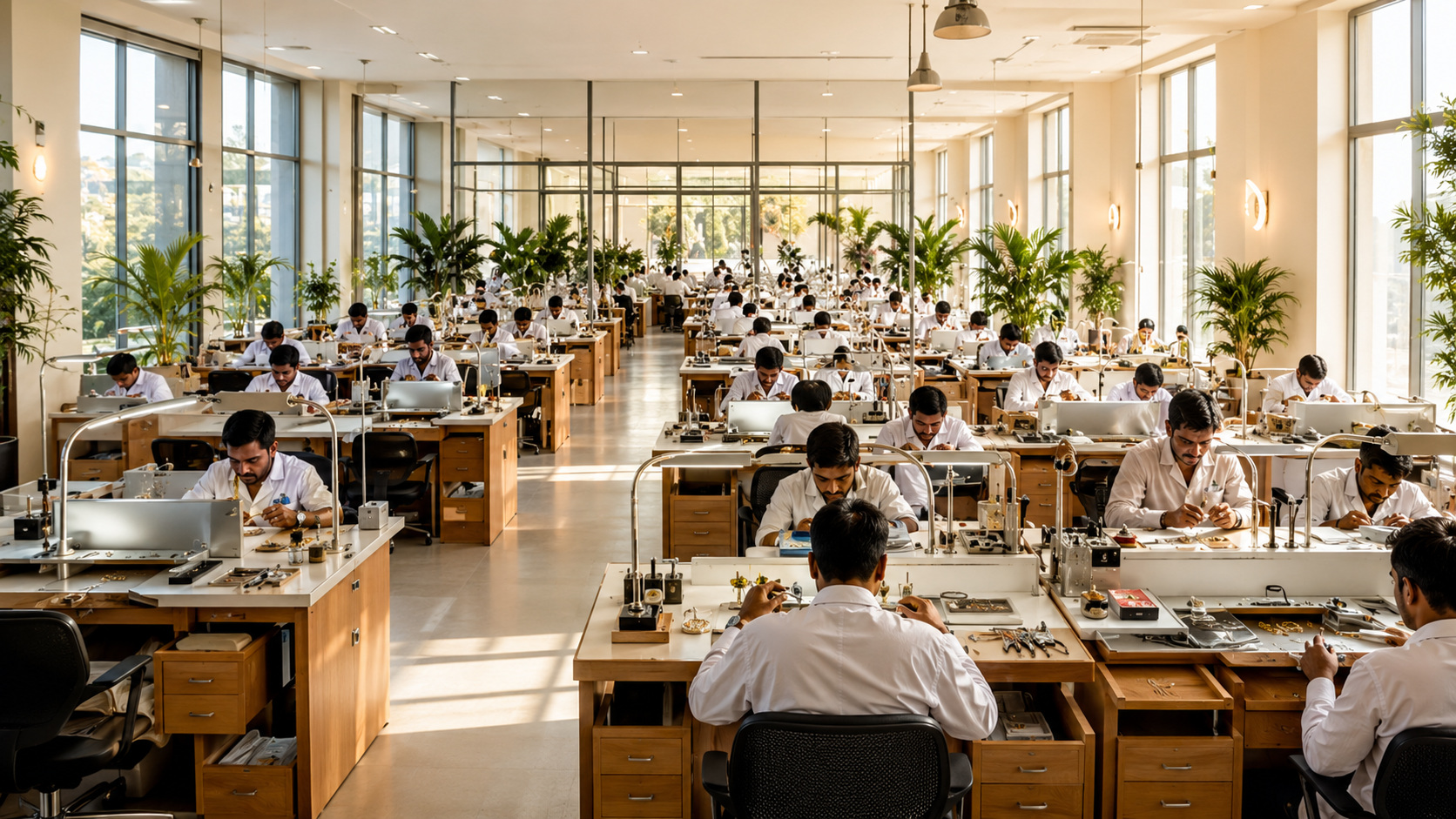 Jewellery workshop with artisans crafting pieces in a bright studio