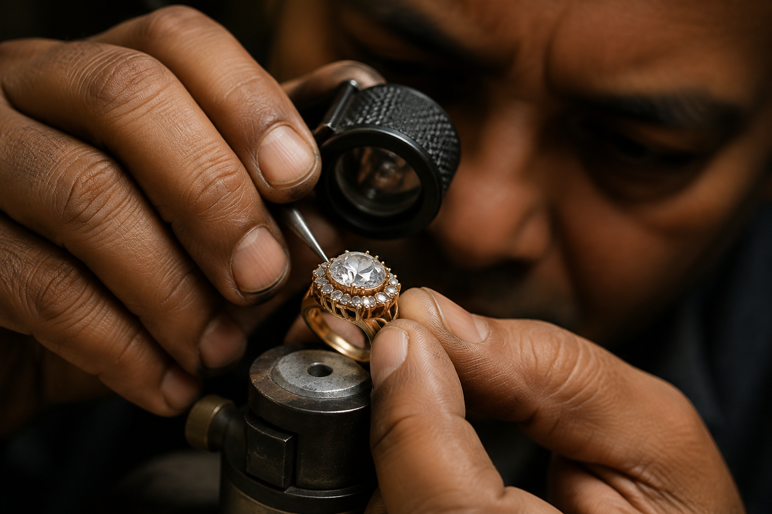 Artisan carefully setting a gemstone on a ring