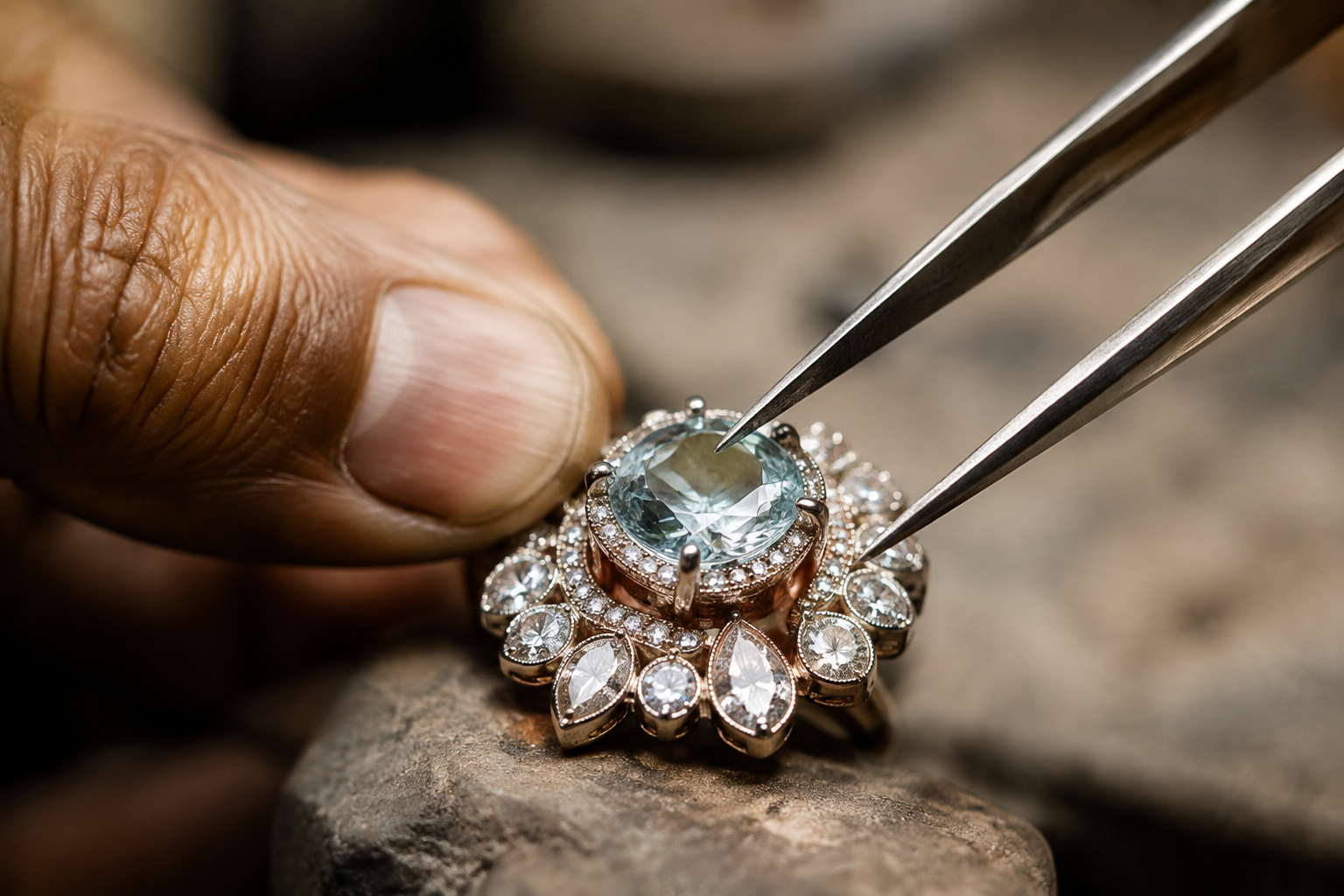 Close up of a gemstone being set