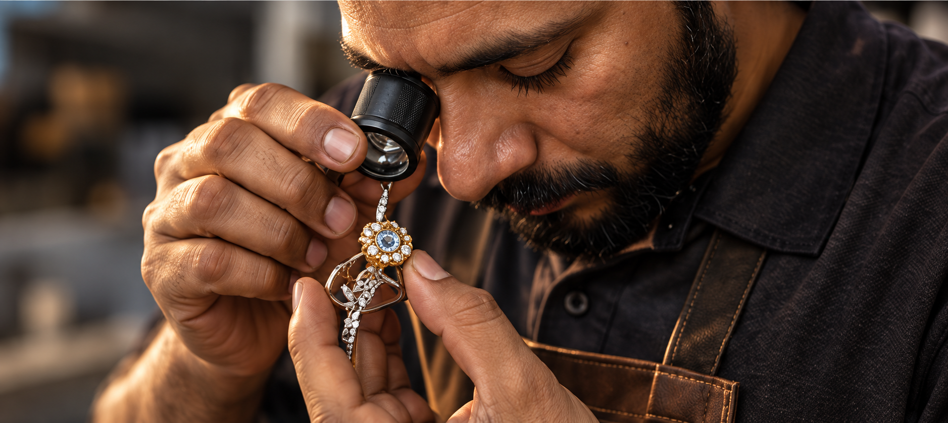 Jewellery artisan inspecting a detailed piece with a loupe