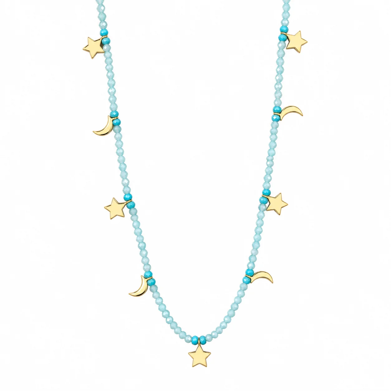 Aqua Beaded Star and Moon Necklace