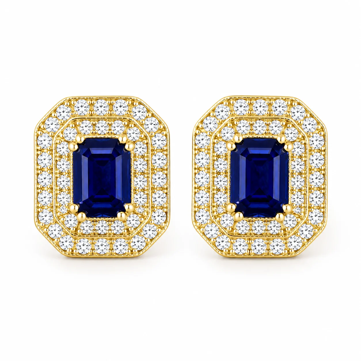 Blue Sapphire Gold Halo Studs