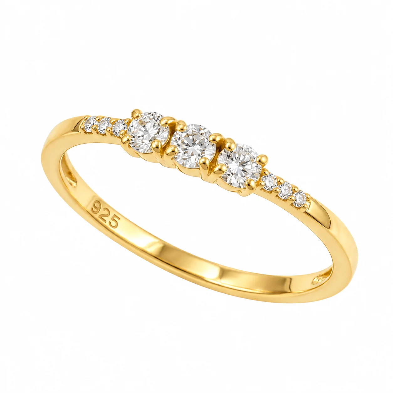 Elegant Three-Diamond Gold Plated Silver Ring