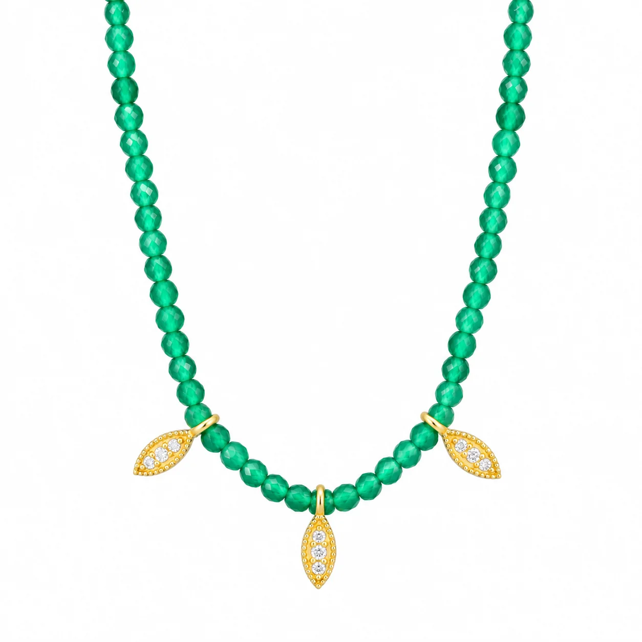 Emerald Green Bead Necklace with Gold Charms