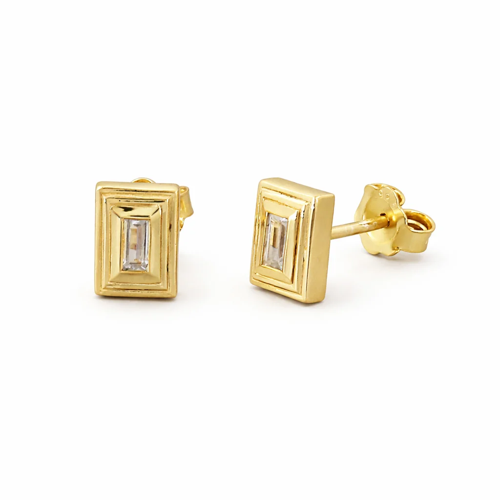 Gold Diamond Rectangular Frame Stud Earrings