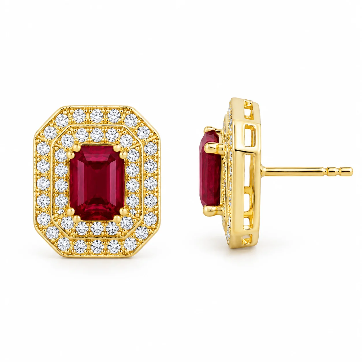 Gold Double Halo Ruby Earrings