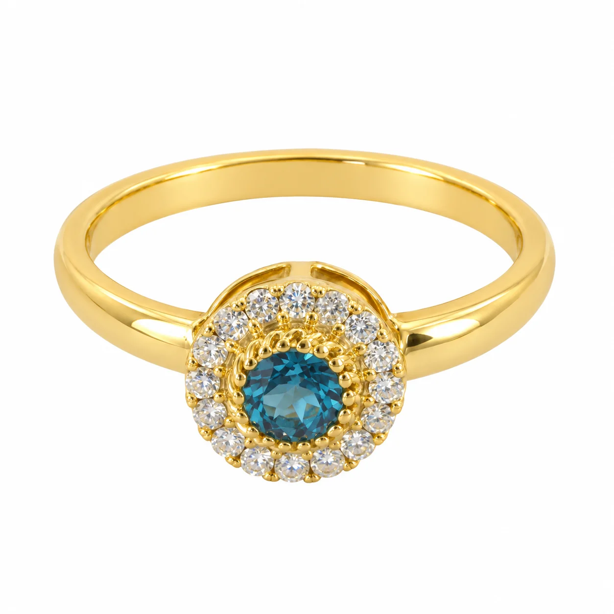 Gold Halo Ring with Blue Gemstone