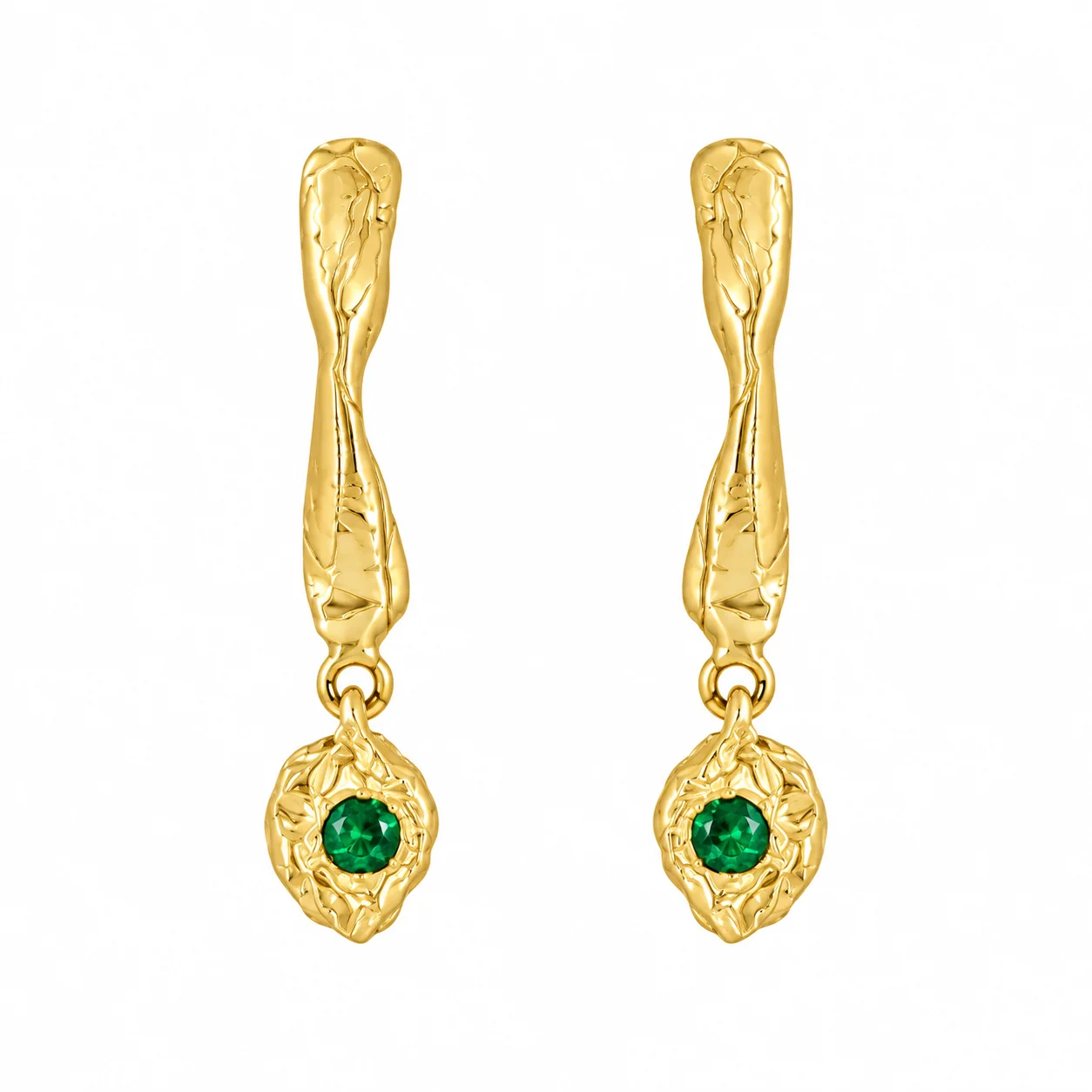 Gold Hammered Earrings with Emerald Drops
