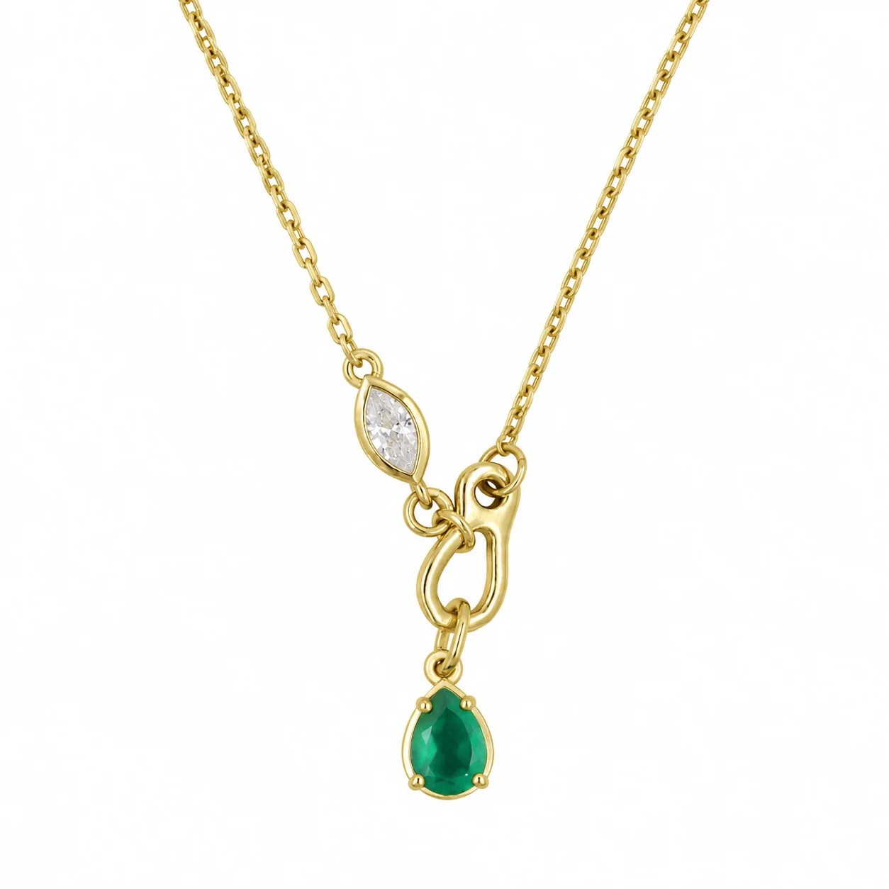 Gold Necklace with Emerald Teardrop Pendant