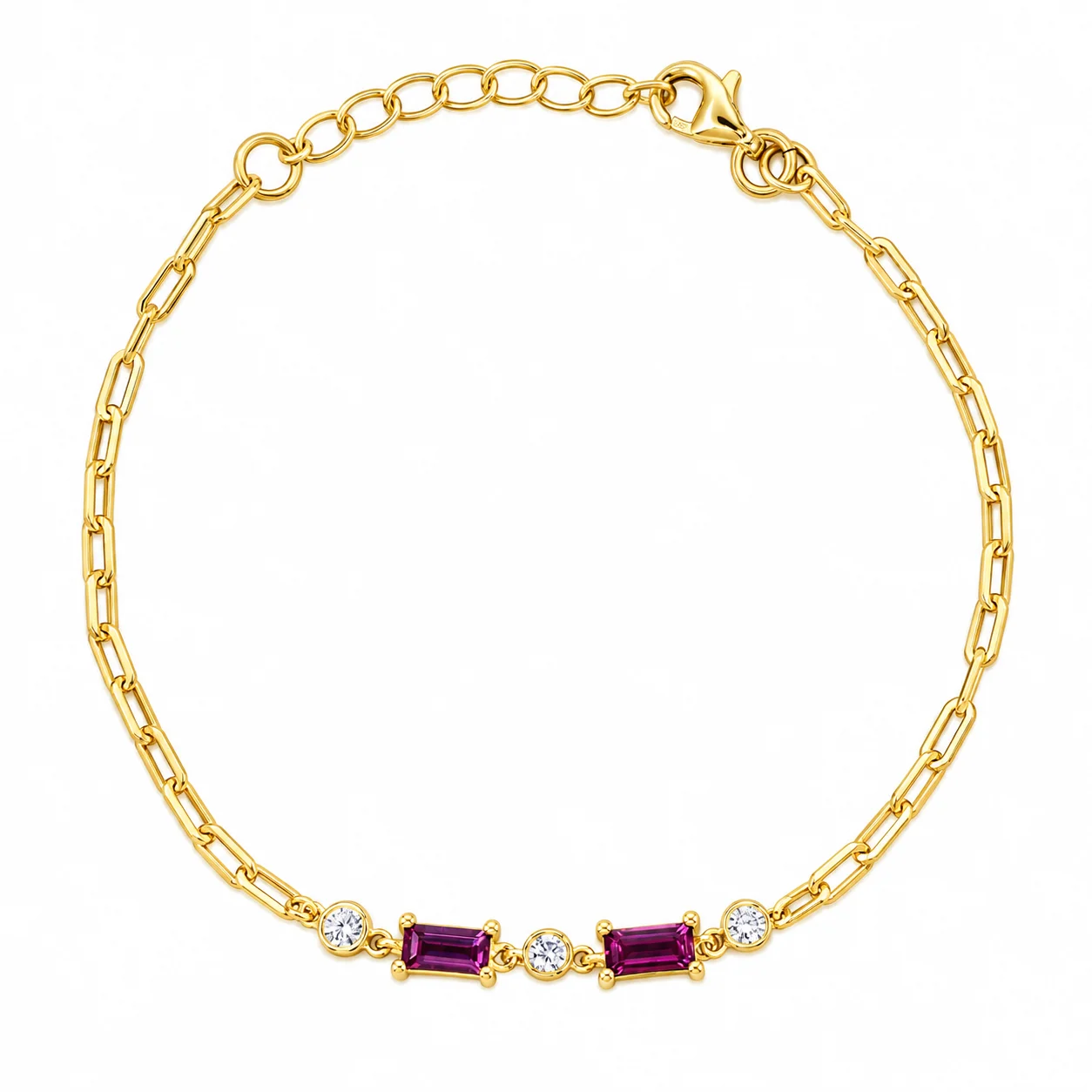 Gold Paperclip Chain with Magenta Gemstones