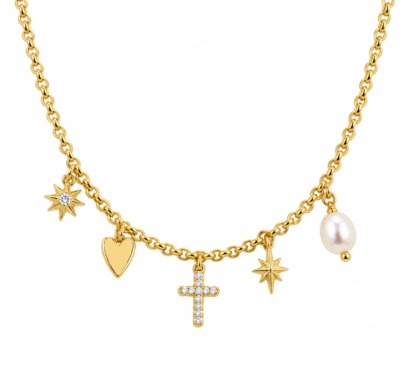 Gold Plated Multi-Charm Pendant & Chain Necklace