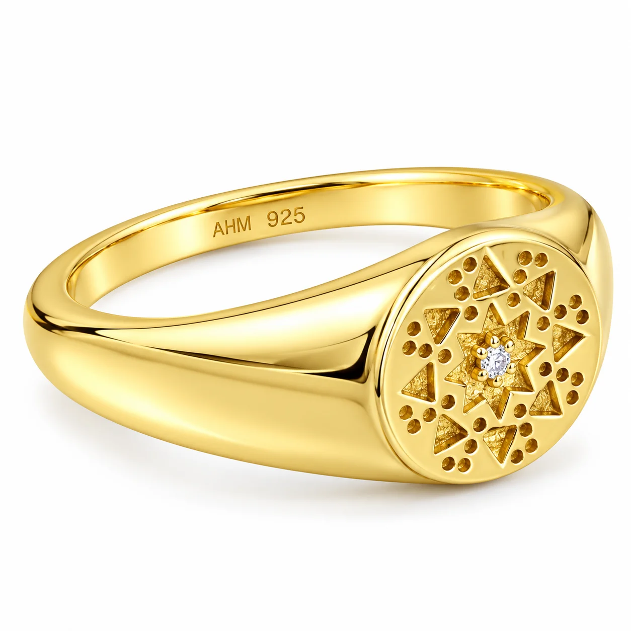 Gold Signet Ring with Geometric Starburst