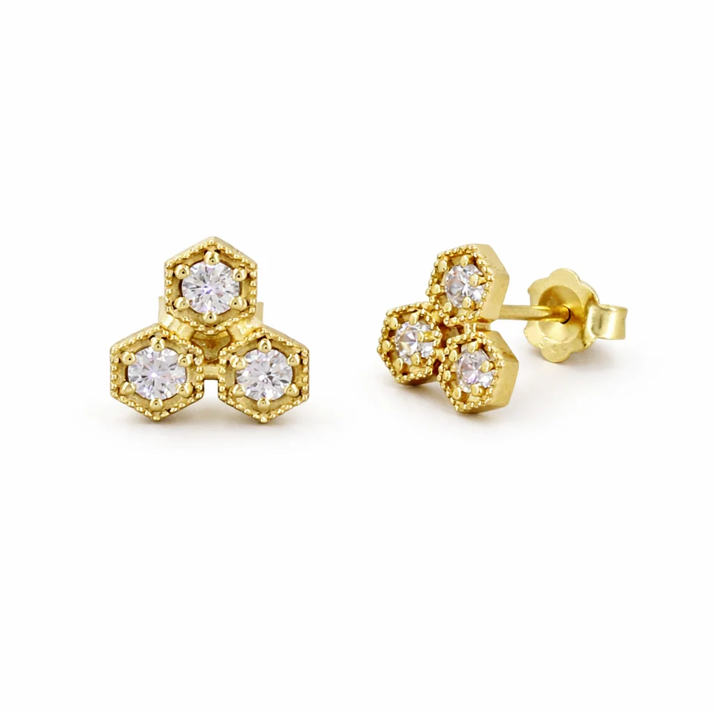 Gold Triple Hexagon Cluster Stud Earrings