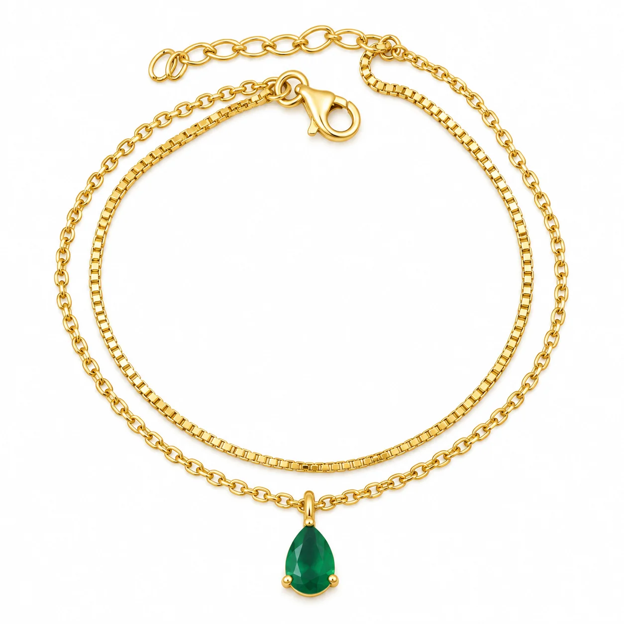 Layered Gold Chain with Emerald Pendant