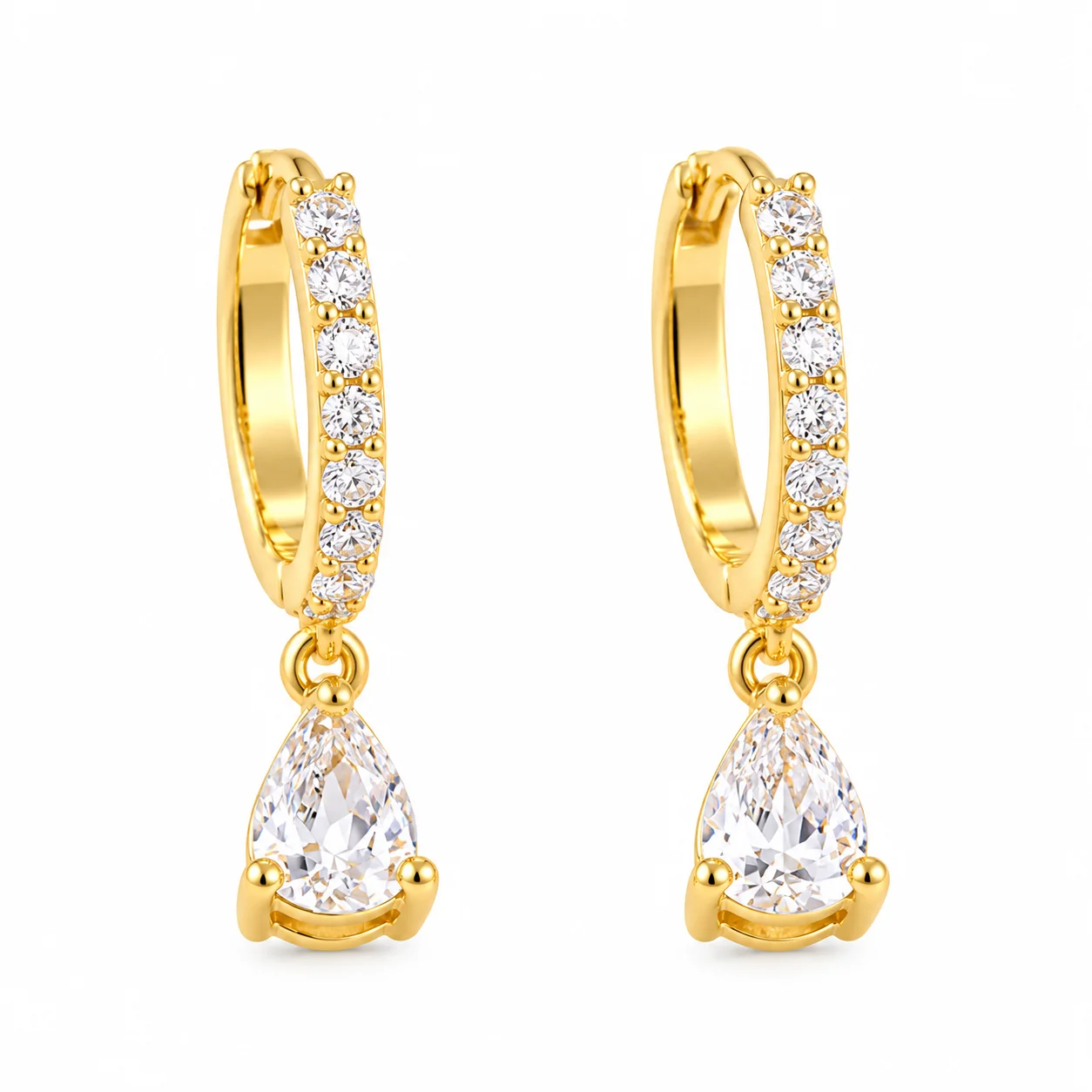 Pear-Cut Diamond Drop Gold Hoop Earrings