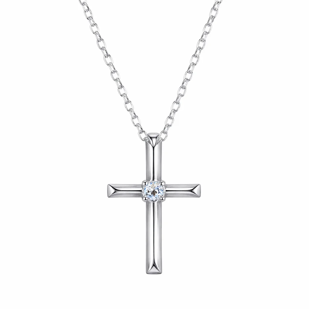 Simple Silver Diamond Cross Necklace