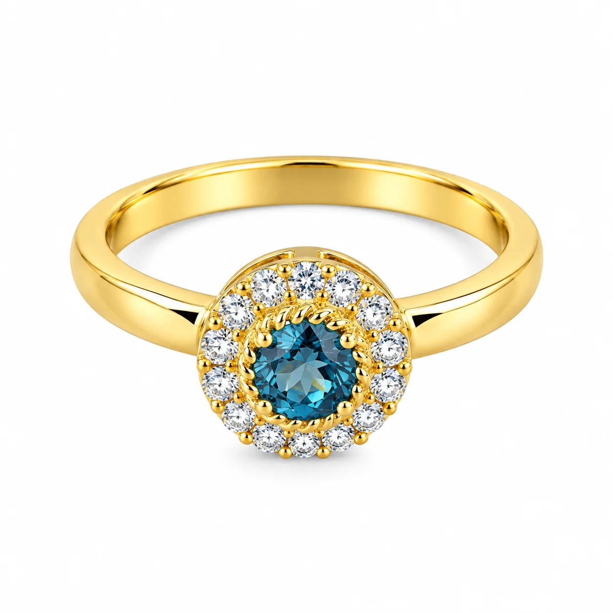 Teal Halo Gold Ring on White