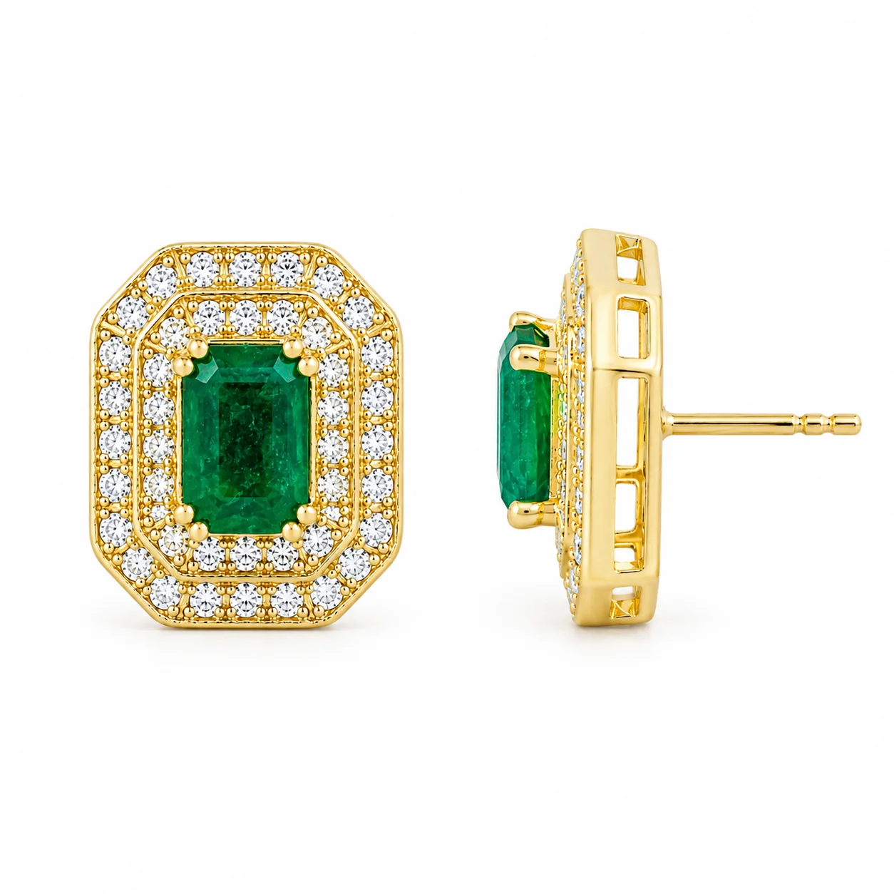 Emerald & Diamond Double Halo Stud Earrings