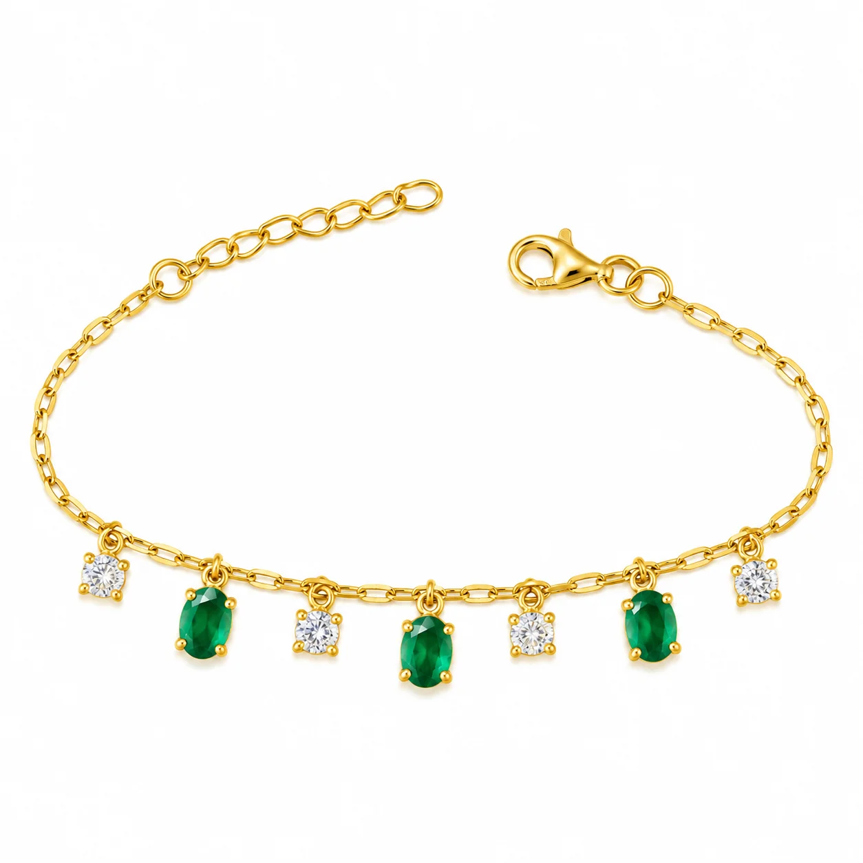 Gold Chain Bracelet with Emerald and Crystal Charms