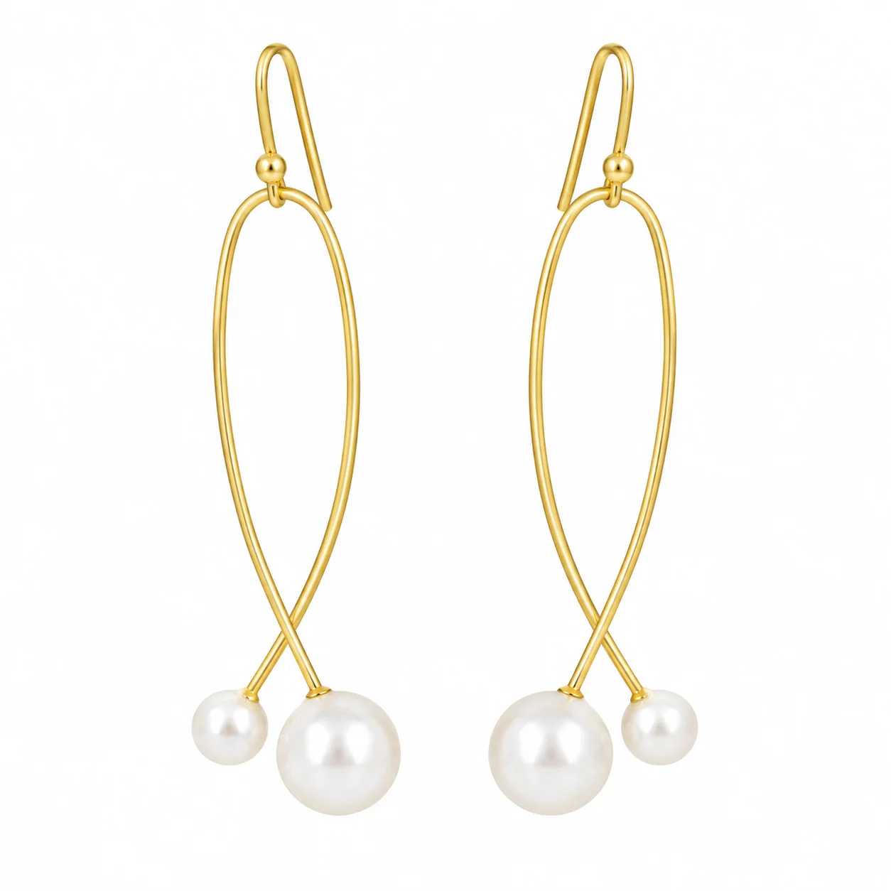 Gold Crossover Double Pearl Drop Earrings