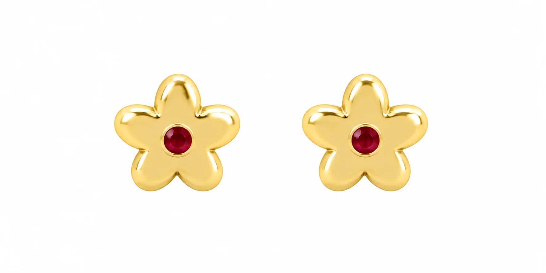 Gold Flower Stud Earrings with Red Gemstones