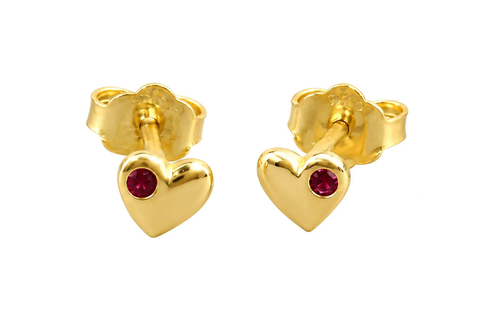 Gold Heart Stud Earrings with Ruby Accents