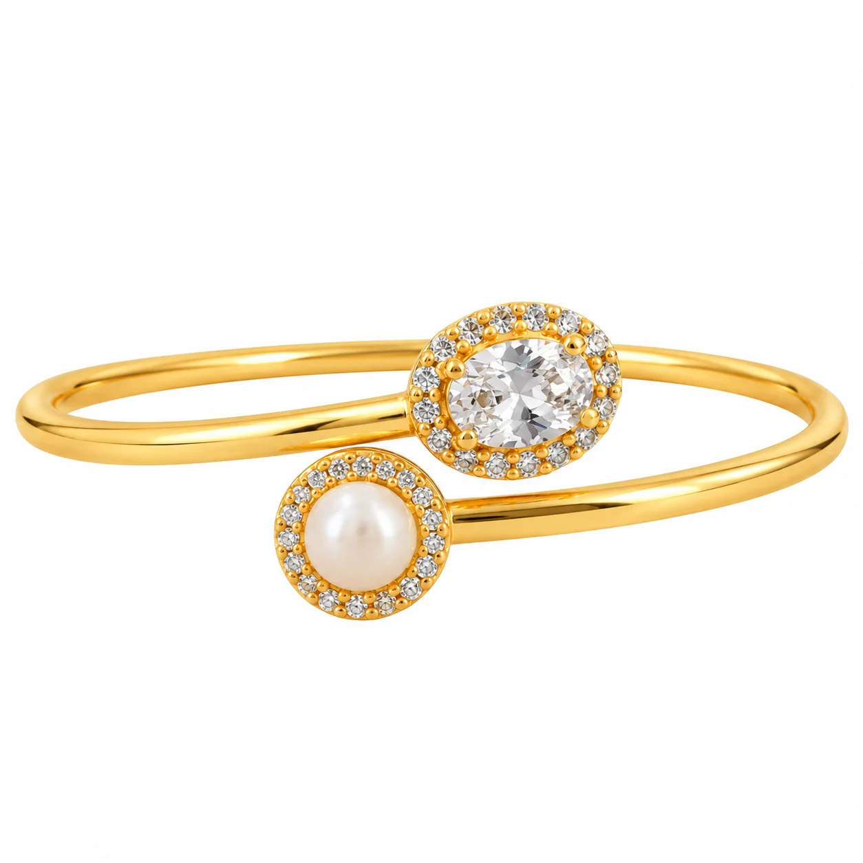 Gold Open Band with Pearl and Oval Gemstone