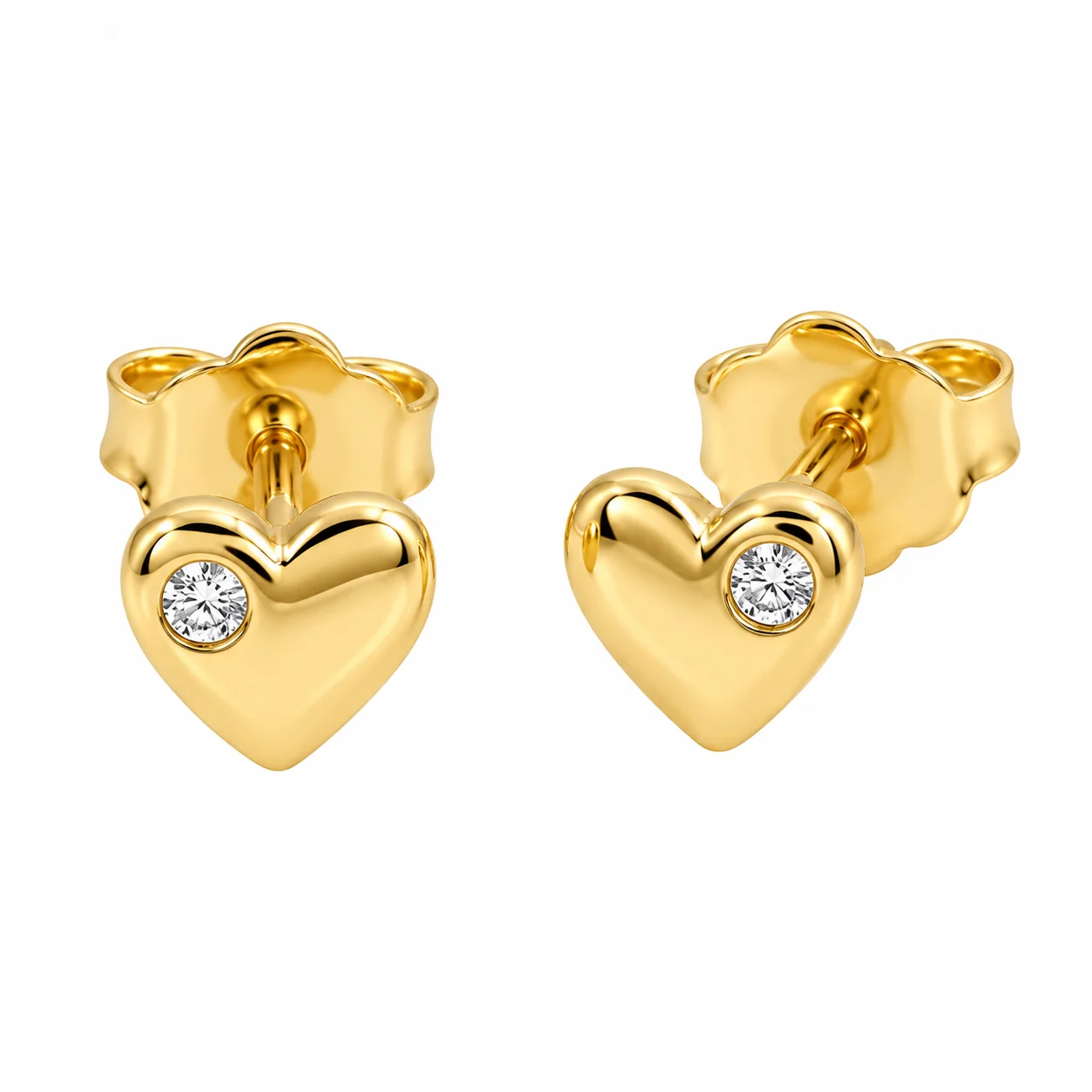 Gold Puffy Heart Crystal Stud Earrings