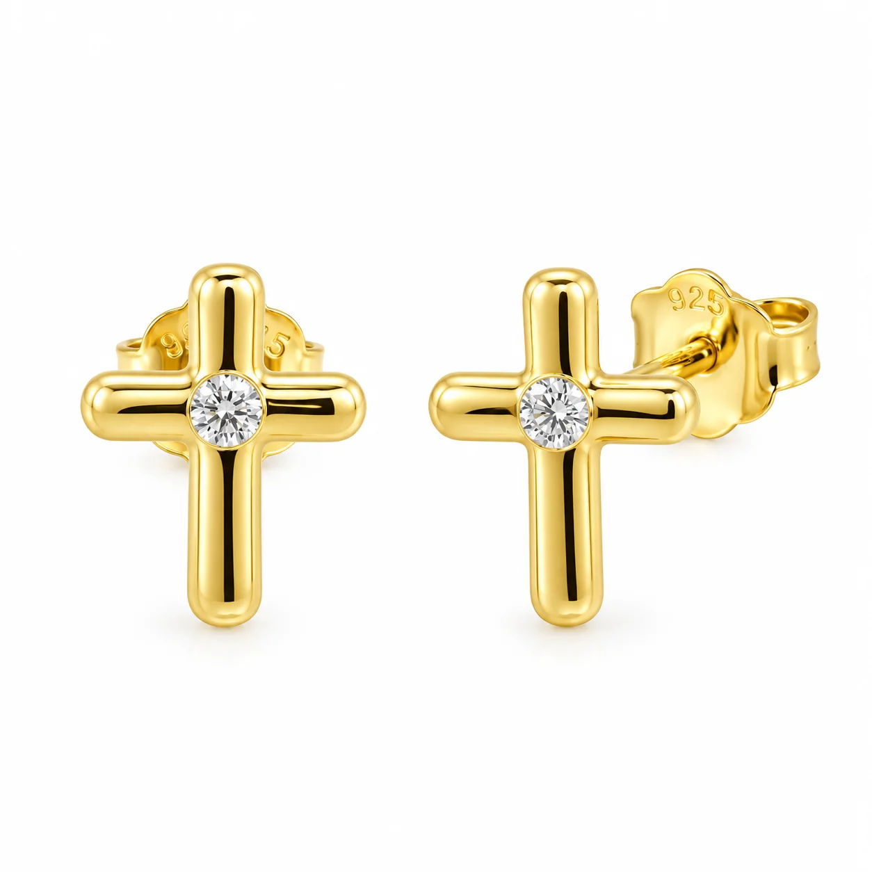 Gold Rounded Cross Diamond Stud Earrings