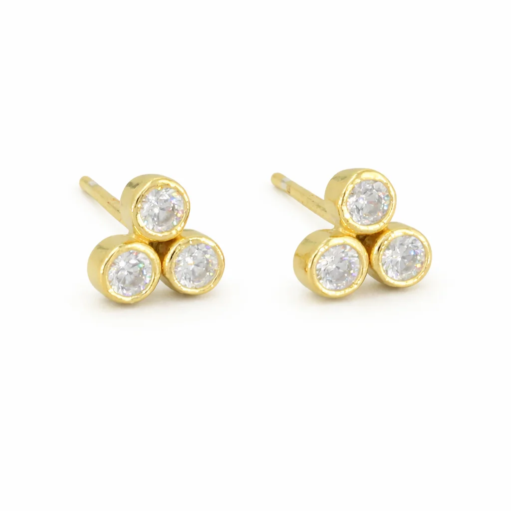 Modern Gold Three-Stone Cluster Stud Earrings