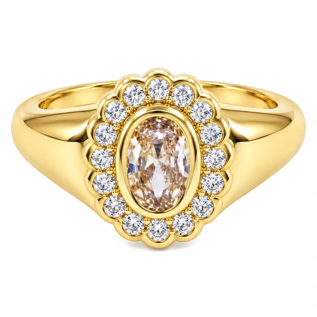 Polished Gold Oval Halo Signet Ring